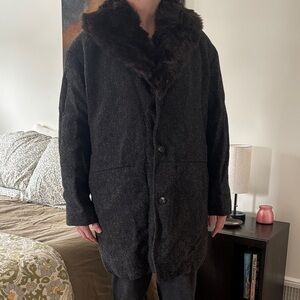A.P.C. Men's Black 100% Wool & Faux Fur Collar Coat